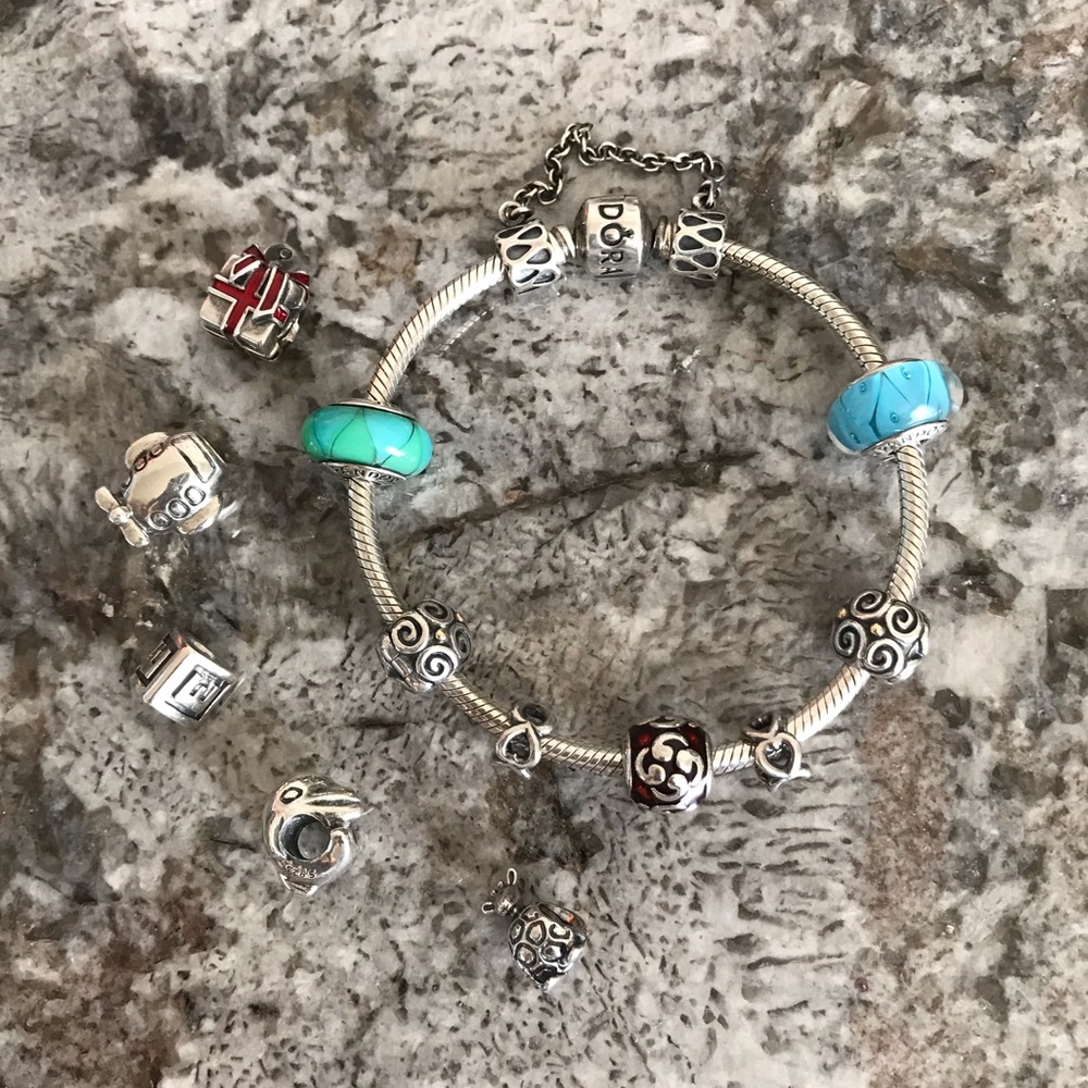 Pandora charm bracelet with assorted charms